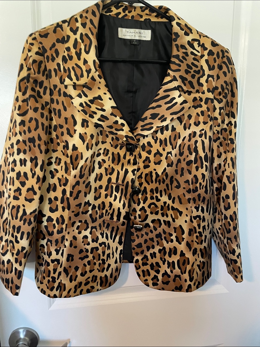 Tahari Leopard-Print Satin Blazer in Tan and Black